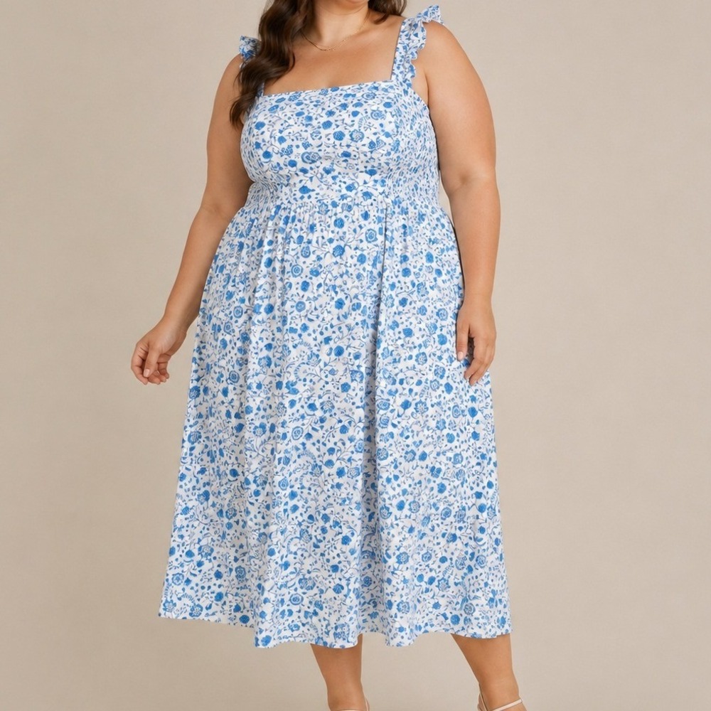 Draper James Blue White Floral Midi Dress XXL Cotton Ruffle Strap Cottagecore